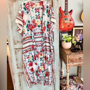 🌸 RAGA Floral Lightweight Duster Kimono Cover-Up – Size L – Tassel Tie